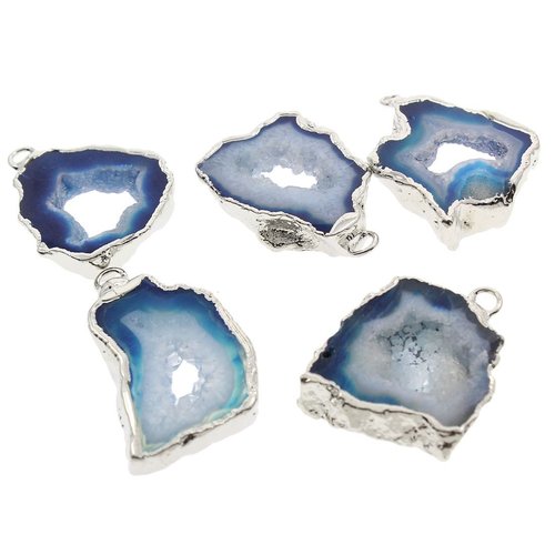 1pc bleu argent cristal druzy geode tranche libre de glace quartz agate de pierre naturelle plaqué f sku-42302