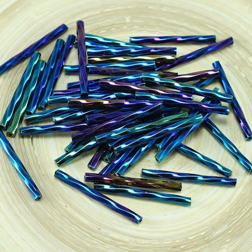 50pcs x 35 mm extra long iris violet bleu enrouler autour du verre tchèque perles de bugle preciosa  sku-43201