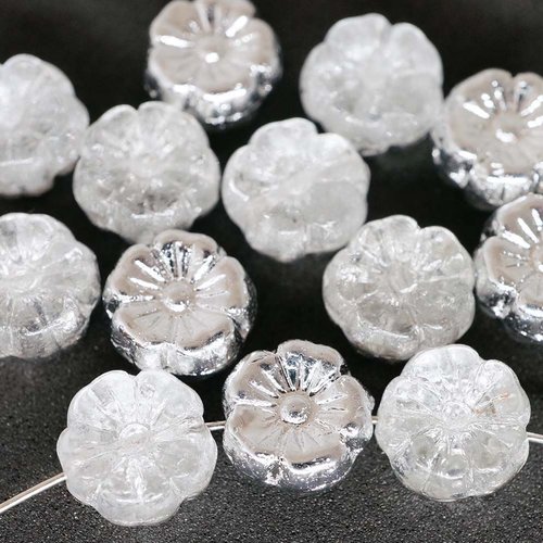 20pcs cristal clair métallisé-labrador argent de la moitié à plat pièce rond de fleurs verre tchèque sku-43229