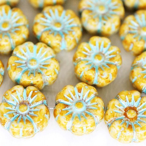20pcs picasso jaune d'albâtre bleu turquoise laver patine plat pièce rond de fleurs verre tchèque de sku-43237