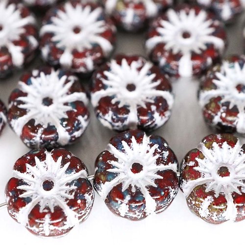 20pcs picasso corail rouge blanc lavage patine plat pièce rond de fleurs verre tchèque de l'anémone  sku-43239