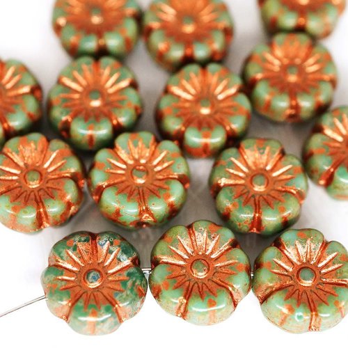 20pcs picasso turquoise de cuivre vert de lavage patine plat pièce rond de fleurs verre tchèque de l sku-43243