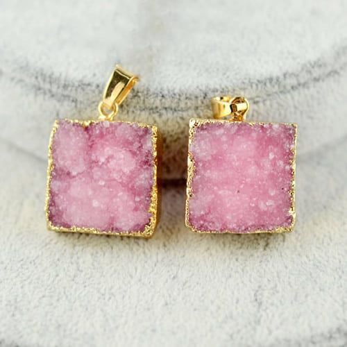 1pc cristal rose carré d'or druzy de glace quartz agate de pierre naturelle plaqué focal pendentif w sku-43674