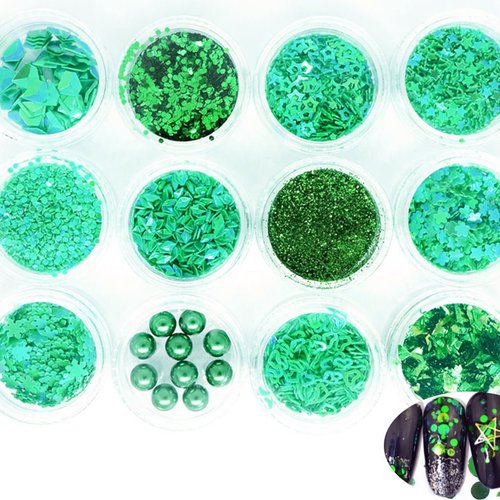 12 couleurs vert mix nail art paillettes holographiques chunky kit de cheveux manucure maquillage po sku-43999