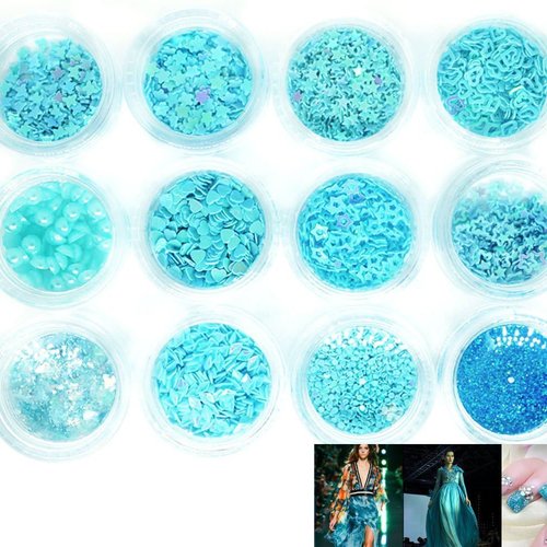 12 couleurs bleu turquoise mix nail art paillettes holographiques chunky kit de cheveux manucure maq sku-44014