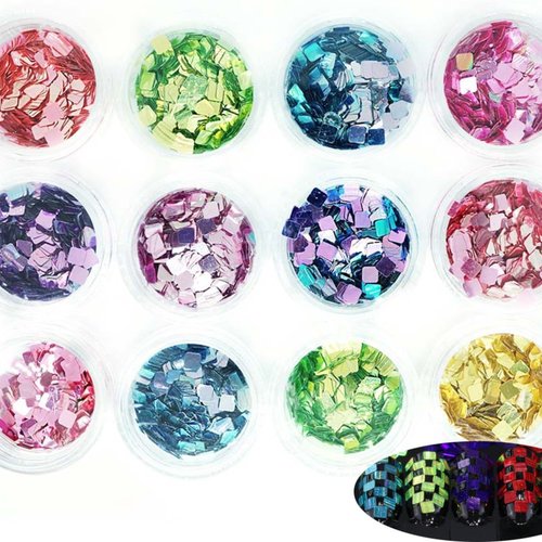 12 couleurs de mélange de carré d'art de clou de paillettes holographiques chunky kit de cheveux man sku-44016