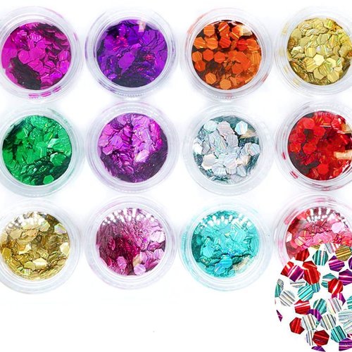 12 mélangent les couleurs de l'hexagone rayé nail art paillettes holographiques chunky kit de cheveu sku-44021