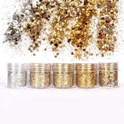 5pcs argent de l'or de champagne mélanger ensemble nail art glitter powder hexagone kit de cheveux m sku-49171