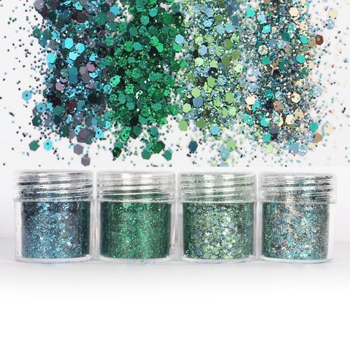 4pcs turquoise bleu-vert à la menthe mélanger ensemble nail art glitter powder hexagone kit de cheve sku-49182
