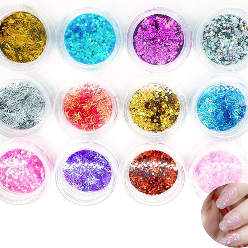 12 couleurs de mélange de cercles et de longues bandes nail art paillettes holographiques chunky kit sku-44004