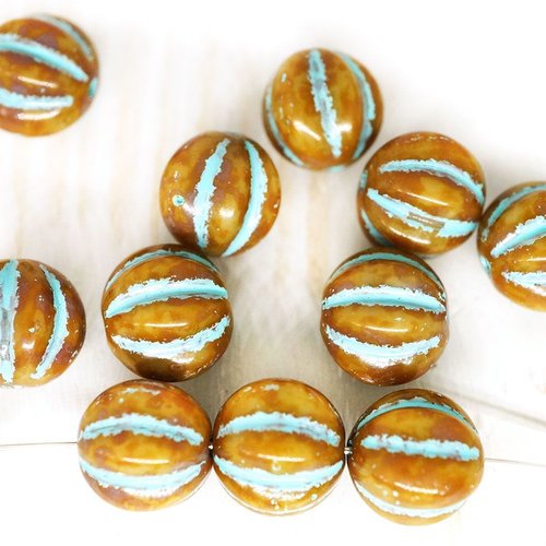 14pcs picasso marron turquoise rugueux rustique gravé ronde perles de verre tchèque de 8mm sku-100700