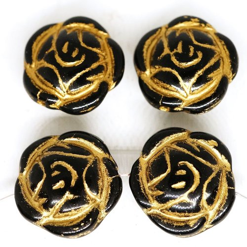 4pcs opaque noir or patine laver fleur de la rose pendentif focal ronde verre tchèque perles de 16mm sku-248834