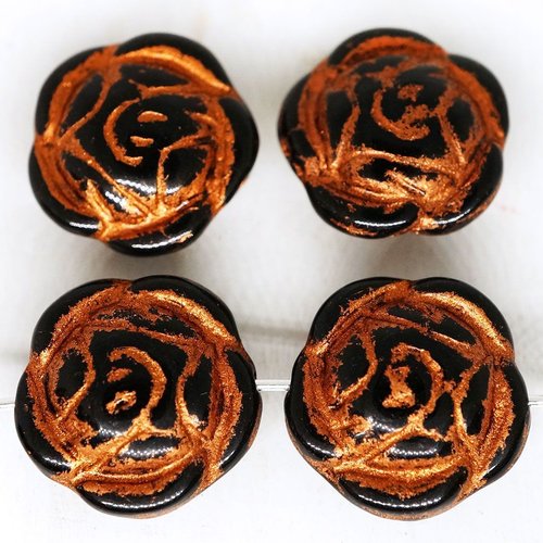 4pcs noir lustre en cuivre patine laver fleur de la rose pendentif focal ronde verre tchèque perles  sku-248839