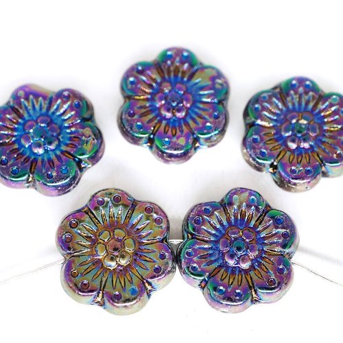 10pcs métallique iris violet bleu plat de monnaie rond focal pendentif fleur en perles de verre tchè sku-249286
