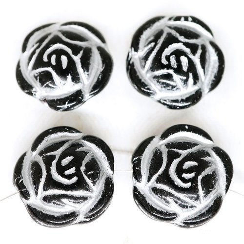 4pcs noir argent patine laver fleur de la rose pendentif focal ronde verre tchèque perles de 16mm sku-248840