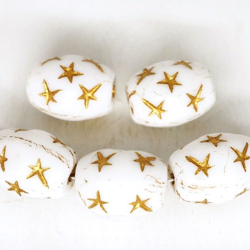 6pcs opaque en or blanc de forme ovale de tube stars perles de verre tchèque de 13mm x 10mm sku-250150