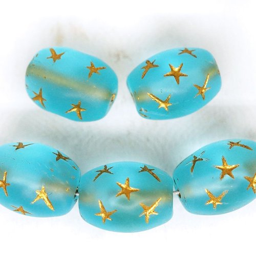 6pcs matte crystal aqua aigue-marine bleu or patine laver tube ovale étoiles perles de verre tchèque sku-250154