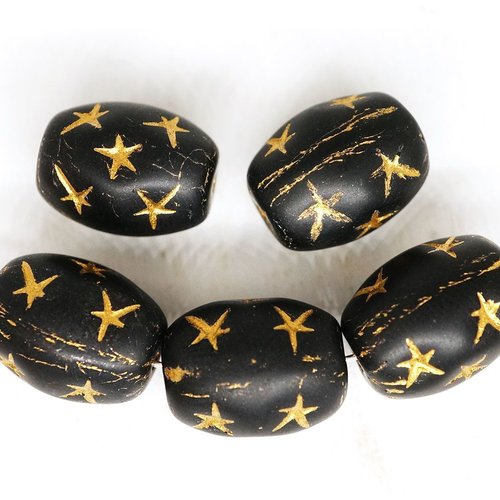 6pcs mat opaque noir or patine laver tube ovale étoiles perles de verre tchèque de 13mm x 10mm sku-250158
