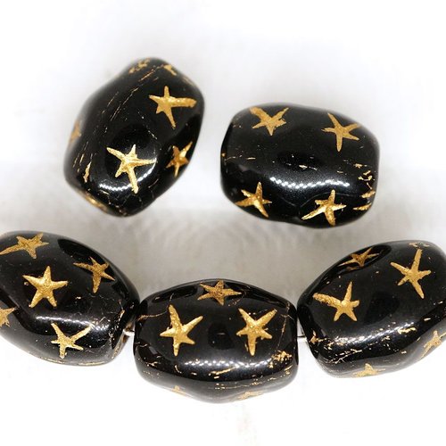 6pcs opaque noir or patine laver tube ovale étoiles perles de verre tchèque de 13mm x 10mm sku-250159