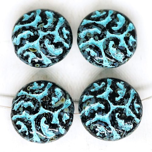 8pcs opaque jet noir turquoise bleu patine laver rond sculpté de pièce de monnaie de perles tablette sku-250168