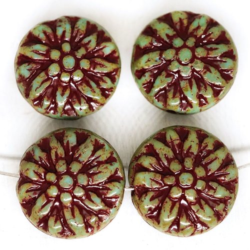 8pcs rustique terreux picasso turquoise vert foncé rouge patine plat sculpté de fleurs de perles de  sku-250169