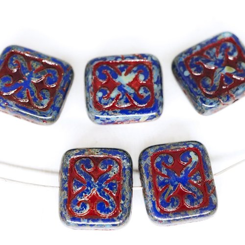 6pcs rustique foncé bleu saphir en terre cuite patine rouge sculpté rectangle plat de en verre tchèq sku-249011