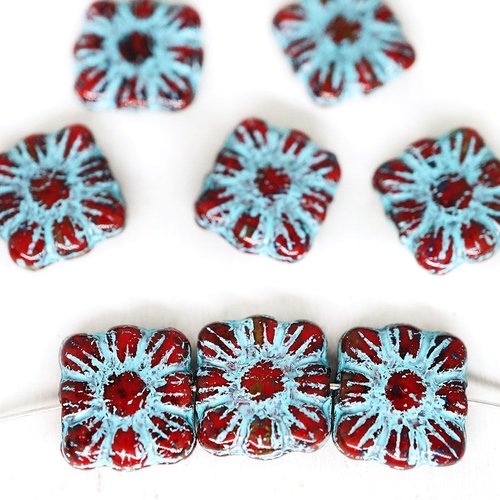 20pcs picasso corail rouge turquoise blue wash patinawash fleur plat carré de perles de verre tchèqu sku-135568
