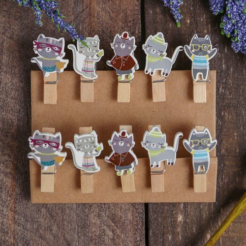 10pcs chats pinces à linge décoratives ensemble épingles à scrapbooking peg clips en bois titulaire  sku-254074