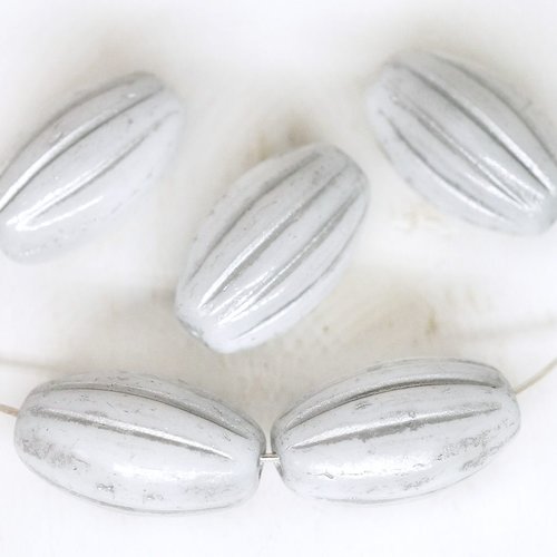 8pcs opaque blanc opale patine argentée laver rayé ovale de tube de verre tchèque perles de 8mm x 14 sku-249272