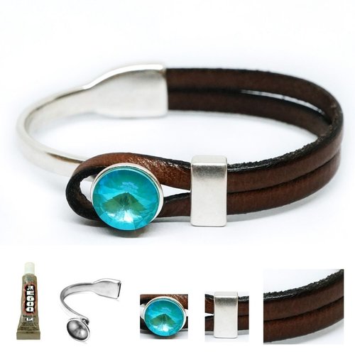 1 ensemble de bracelet kraftika brown cowhide natural leather 999 zamak métal plaqué argent laguna d sku-480710