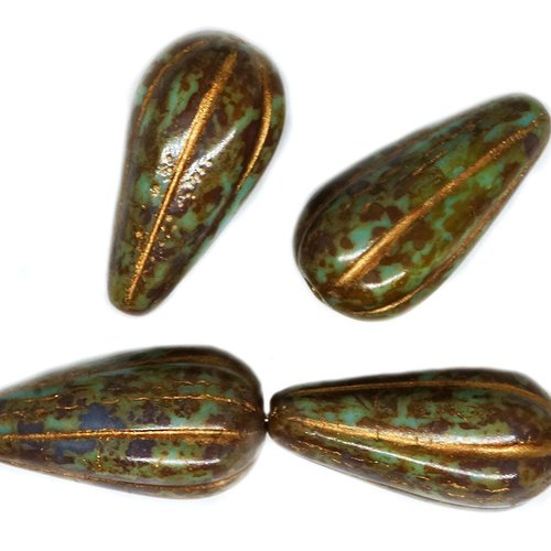 2 pièces picasso turquoise marron bronze patine lavage rayé poire tube larme perles tchèque verre 22 sku-271450