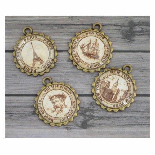 4 pcs ensemble antique bronze vintage post timbres ronde en métal verre à la main cabochon pendentif sku-537024
