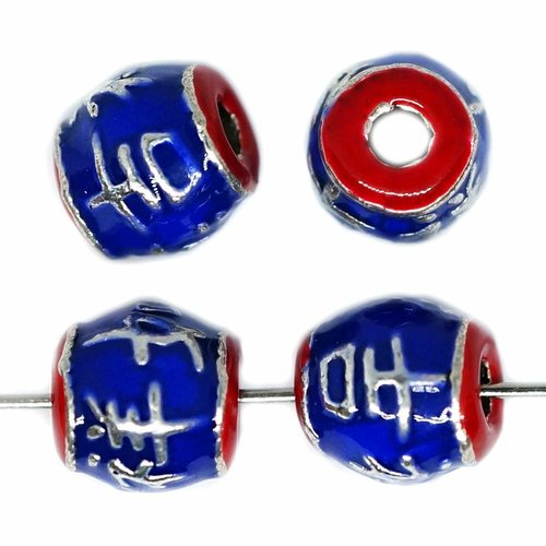 1 pièces argent saphir bleu rouge tambour perles émail métal cloisonné entretoise vintage art perle  sku-529153