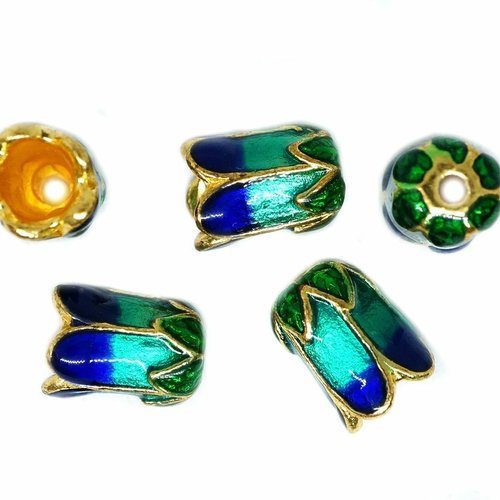 2 pièces or cobalt bleu vert émail fleur tube perles métal cloisonné entretoise vintage art perle de sku-527149