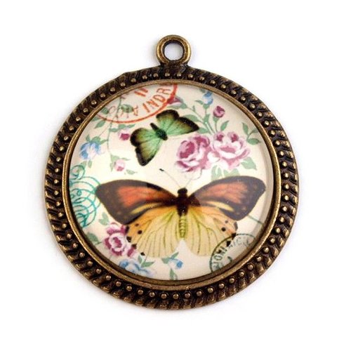 1pc vintage ronde en laiton pendentif de charme ø31mm avec des papillons des charmes de métal - de l sku-56468