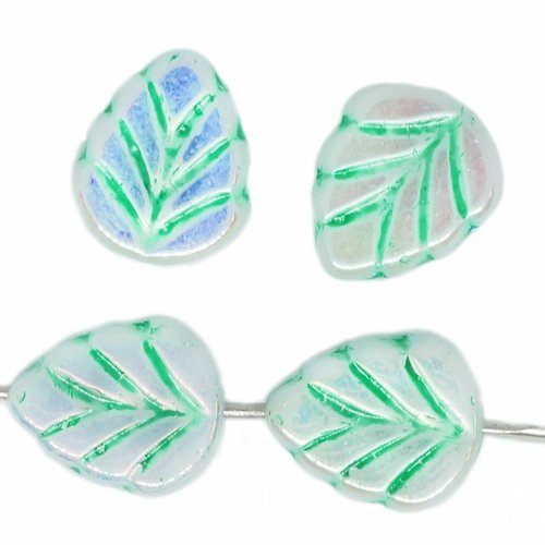 18 pièces opale blanche laiteuse ab lustre patine verte perles de feuille de menthe verre tchèque 10 sku-615169