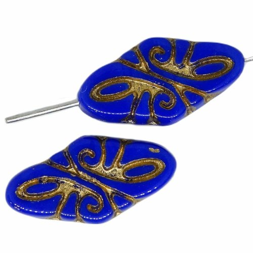 6pcs perles en losange arabesque patine or bleu foncé verre tchèque 19mm x 09mm sku-618568