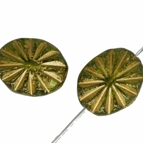 12pcs cristal vert or patine lavage halloween fleur plate perles ovales sculptées verre tchèque 12mm sku-617724
