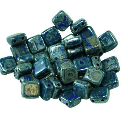 40pcs picasso bleu opaque travertin sombre tchèque tuile de deux 2 dans le trou carré perles verre p sku-26235
