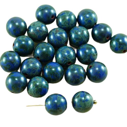 20pcs picasso bleu opaque verre tchèque perles rondes 8mm sku-27069