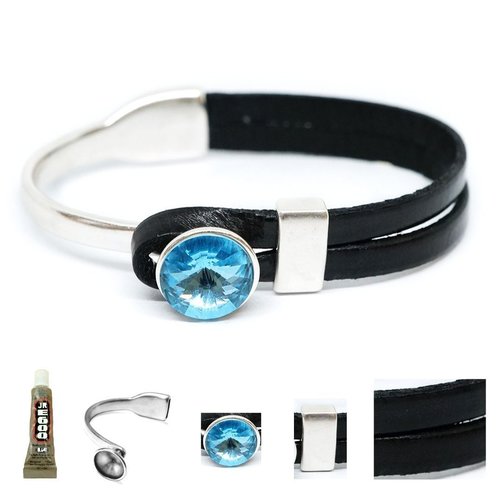 1 ensemble de bracelet kraftika black cowhide natural cuir 999 argent antique zamak métal aquamarine sku-480262