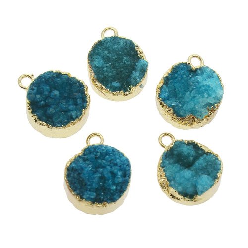 2pcs bleu cristal ronde en or druzy de glace quartz agate pierre naturelle plaqué focal pendentif w  sku-43717