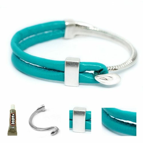 1 ensemble de bracelet kraftika turquoise blue green leather cordon faux pu 999 silver antique zamak sku-467847