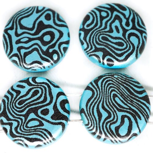 4pcs vagues de zèbre mates bleu rond motif laser en verre tchèque plat 2 perles monnaie à deux trous sku-120753