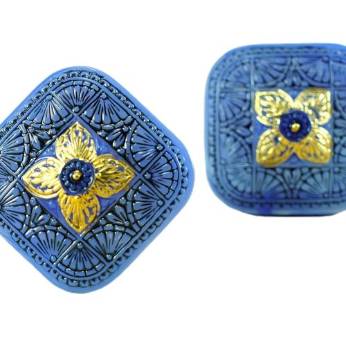 1pc main grand verre tchèque bouton carré de la fleur d'or noir bleu opale taille 14 33mm sku-27447