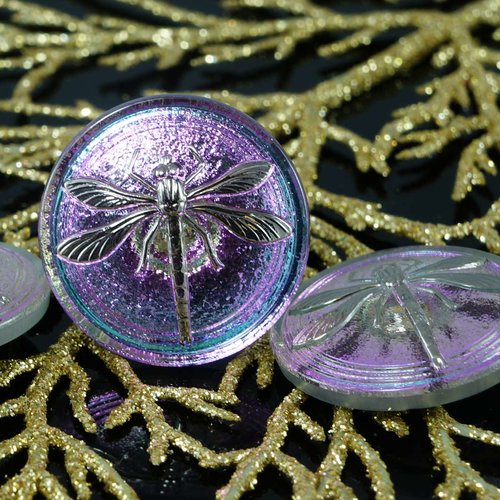 1pc à la main le verre tchèque bouton grand argent libellule lumière dichroïque vitrail violet taill sku-18338
