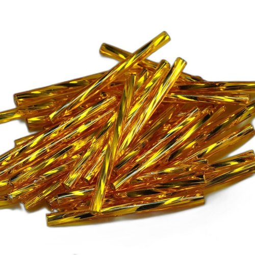 50pcs x 30mm extra longue jaune d'argent bordée enrouler autour du verre tchèque perles de bugle pre sku-21272