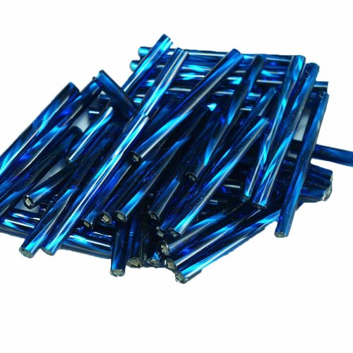 50pcs x 30mm extra-long bleu foncé argent bordée enrouler autour du verre tchèque perles de bugle pr sku-21271