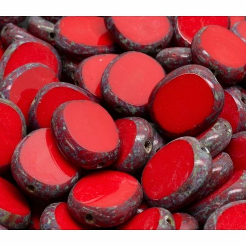 6pcs picasso opaque red flatl table de fenêtre cut ova beads boules verre tchèque 14mm x 12mm sku-942158