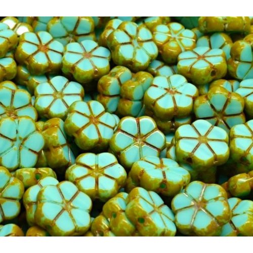6pcs picasso green turquoise window table cut perles de fleurs plates verre tchèques 10mm sku-941953